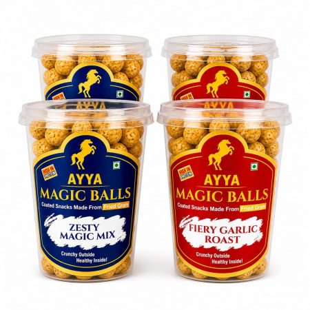 Ayya Magic Balls combo pack with Zesty Magic Mix and Fiery Garlic Roast coated fried gram snacks