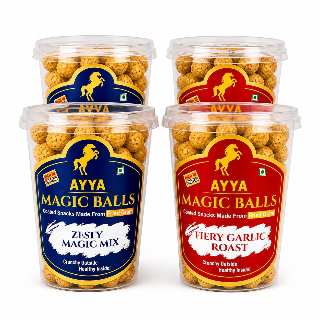 Ayya Magic Balls combo pack with Zesty Magic Mix and Fiery Garlic Roast coated fried gram snacks