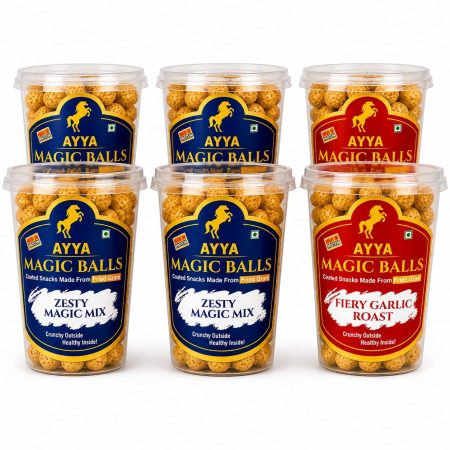 Ayya Magic Balls 6 cup combo pack with Zesty Magic Mix and Fiery Garlic Roast coated fried gram snacks