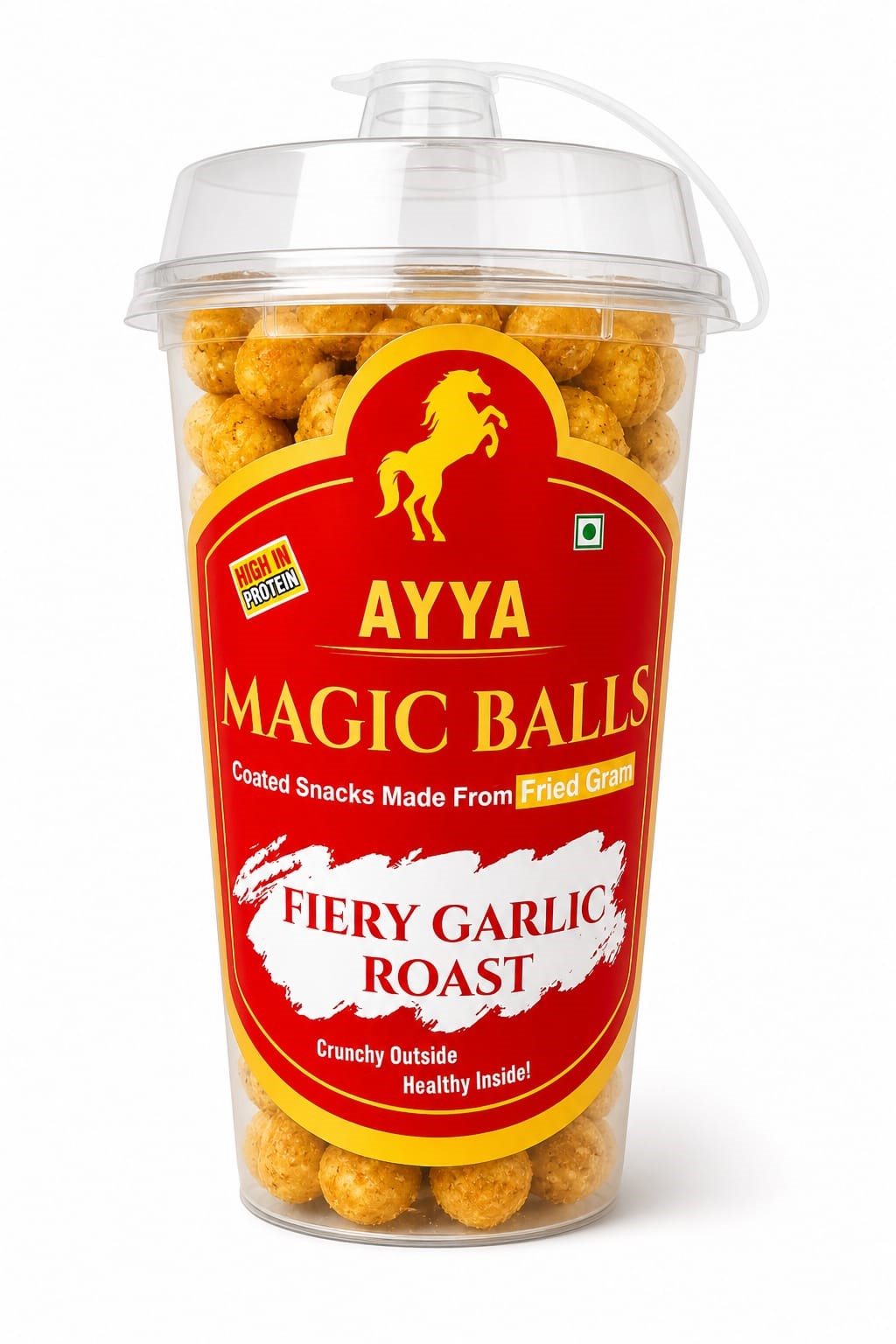Ayya Magic Balls Fiery Garlic Roast spicy coated fried gram snack cup 90g